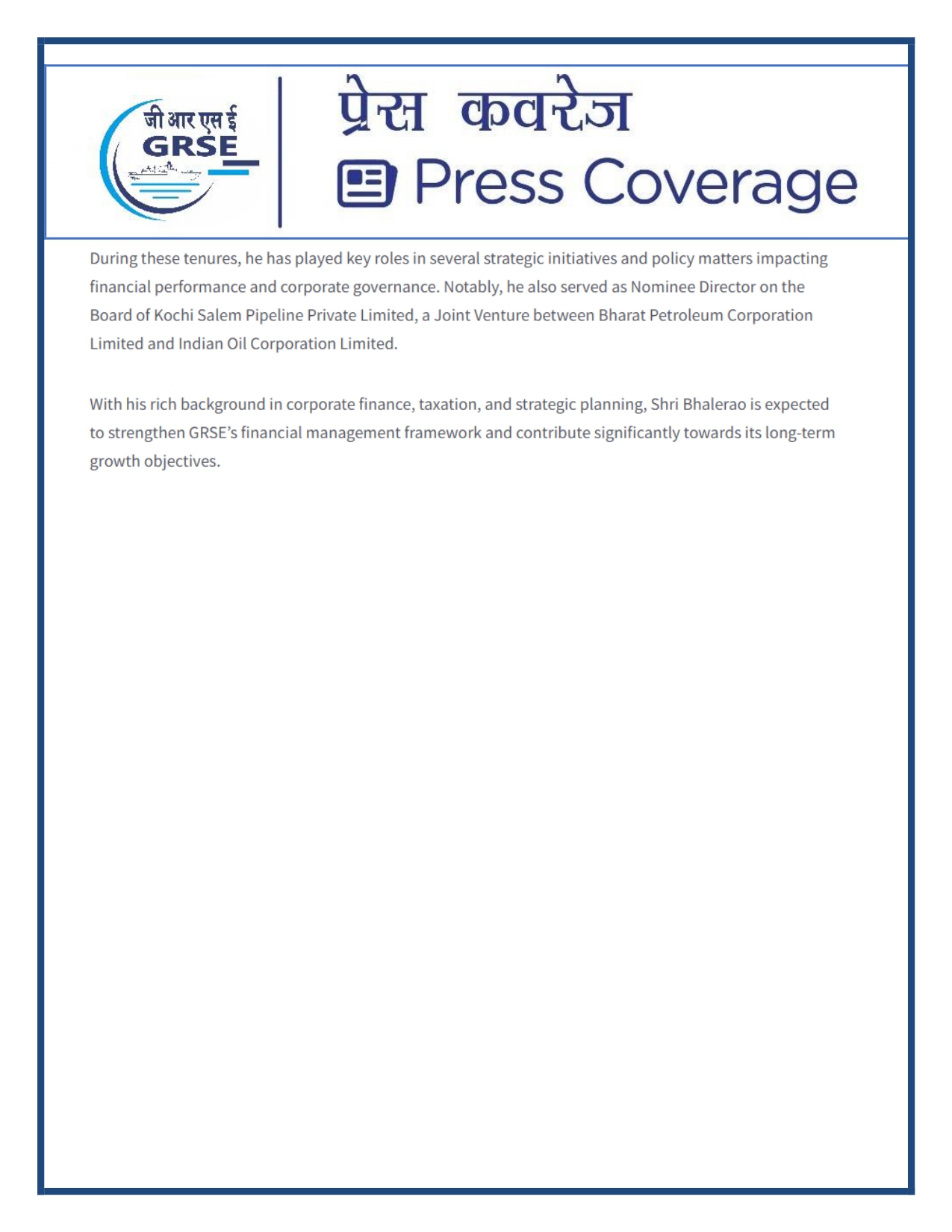 Press Coverage : 08 Oct 25:Shri Niranjan Bhalerao takes over as Director (Finance) of Garden Reach Shipbuilders & Engineers Ltd. (GRSE) 